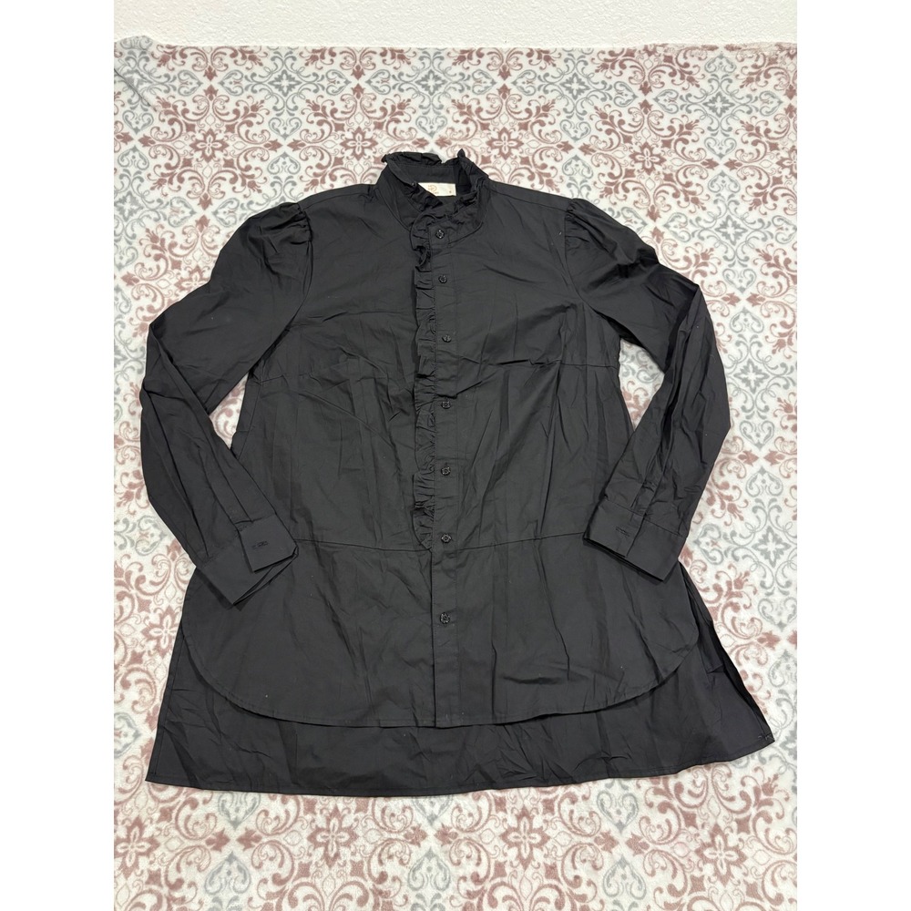 MD Woman Black Ruffle Neck Button Down Tunic Top Long Sleeve Puff Shoulder Small